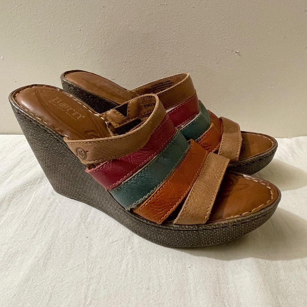 Born Women's Size 11 Multicolor Striped‎ Leather Wedge Sandals
